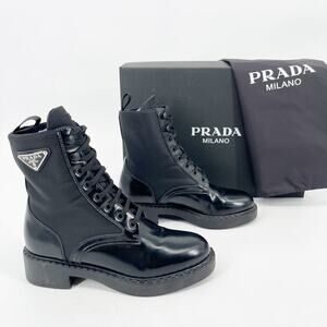 Prada Black Spazzolato Re-Nylon Metal Triangle Logo Combat Ankle Boot size IT 36